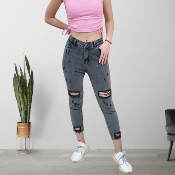 Mid Wash Black Ripped Denim Jeans for Women