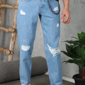 Mid Wash Blue Ripped Denim Boyfriend Jeans for Men