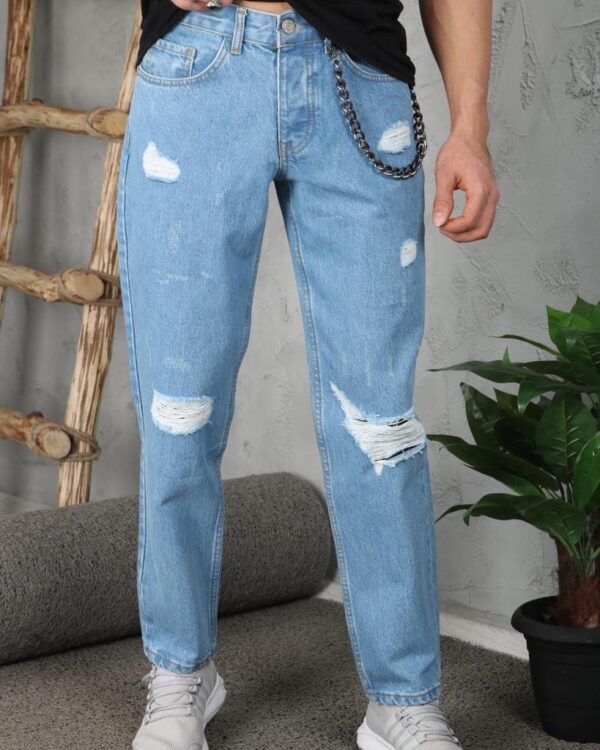 Mid Wash Blue Ripped Denim Boyfriend Jeans for Men